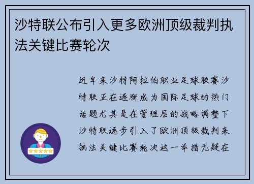 沙特联公布引入更多欧洲顶级裁判执法关键比赛轮次